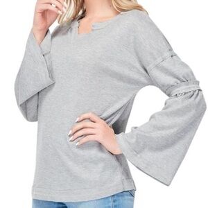 Baea women Gray Flare Sleeve Thermal Knit T-shirt V neck Long Sleeve Tee Shirt M